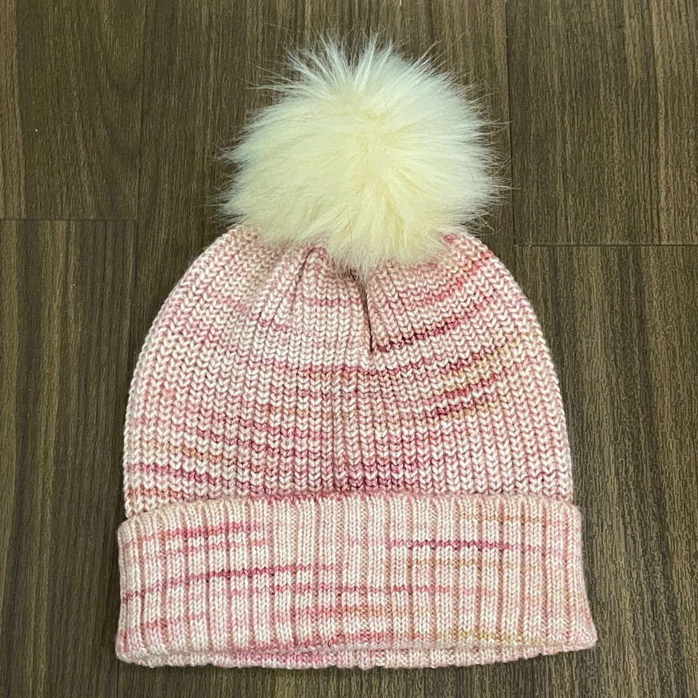 J. Crew Pink Knit Beanie with Cream Pom-Pom